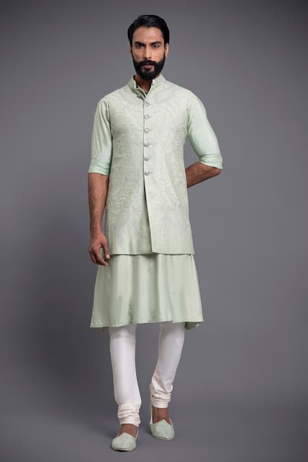 Buy_Raghavendra Rathore Jodhpur_Green Silk Floral, Paisley Embroidered Waistcoat_Online_at_Aza_Fashions