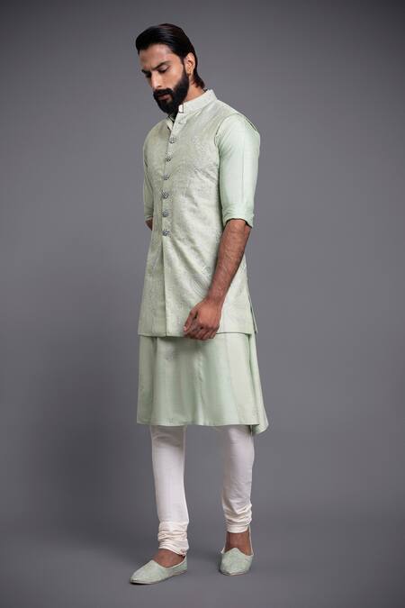 Shop_Raghavendra Rathore Jodhpur_Green Silk Floral, Paisley Embroidered Waistcoat_Online_at_Aza_Fashions