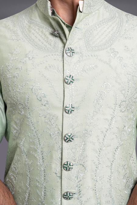 Raghavendra Rathore Jodhpur_Green Silk Floral, Paisley Embroidered Waistcoat_at_Aza_Fashions