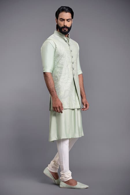 Raghavendra Rathore Jodhpur Green Silk Embroidery Floral Paisley Waistcoat Kurta Set 