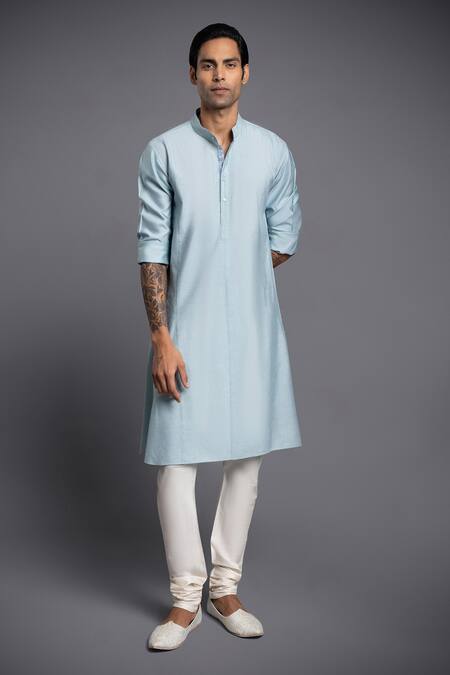 Shop Raghavendra Rathore Jodhpur Blue Silk Stitchline Line Embroidered Waistcoat Kurta Set at Aza Fashions Shop_Raghavendra Rathore Jodhpur_Blue Silk Stitchline Line Embroidered Waistcoat Kurta Set _at_Aza_Fashions