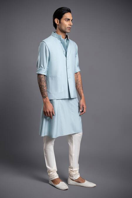 Raghavendra Rathore Jodhpur Blue Silk Stitchline Line Embroidered Waistcoat Kurta Set Online at Aza Fashions Raghavendra Rathore Jodhpur_Blue Silk Stitchline Line Embroidered Waistcoat Kurta Set _Online_at_Aza_Fashions