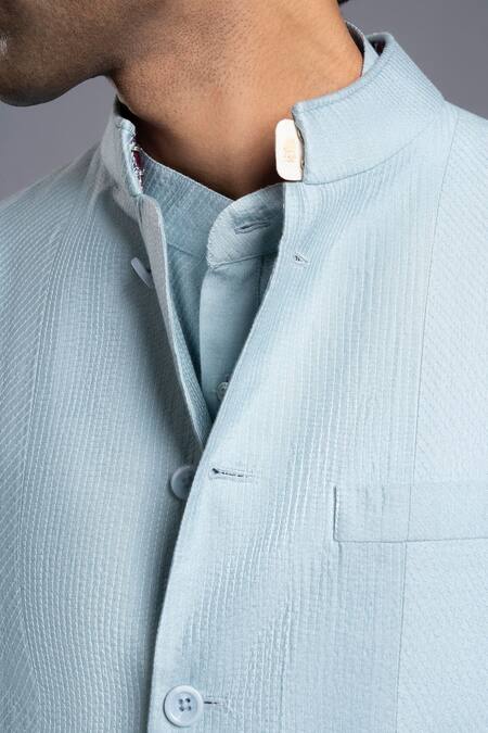 Shop Raghavendra Rathore Jodhpur Blue Silk Stitchline Line Embroidered Waistcoat Kurta Set Online at Aza Fashions Shop_Raghavendra Rathore Jodhpur_Blue Silk Stitchline Line Embroidered Waistcoat Kurta Set _Online_at_Aza_Fashions