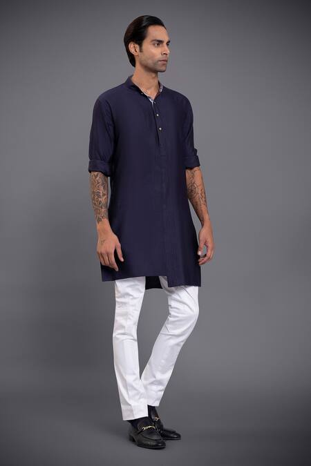 Raghavendra Rathore Jodhpur_Blue Silk Embroidery Stitchline Asymmetric Kurta _Online_at_Aza_Fashions