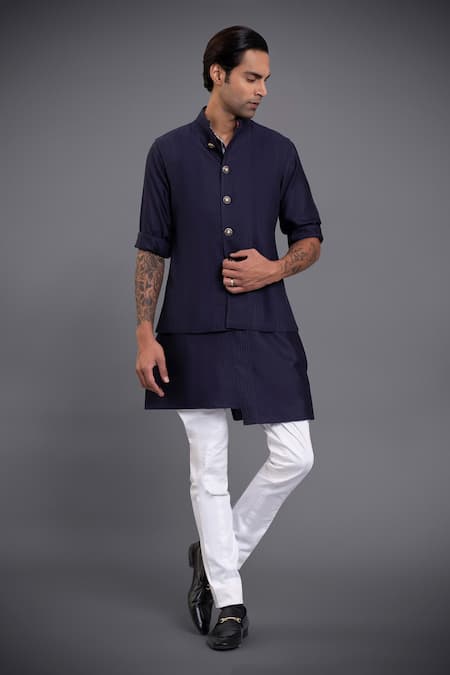 Shop Raghavendra Rathore Jodhpur Blue Silk Stitchline Pintuck Waistcoat at Aza Fashions Shop_Raghavendra Rathore Jodhpur_Blue Silk Stitchline Pintuck Waistcoat _at_Aza_Fashions