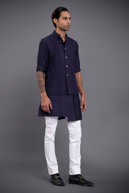 Raghavendra Rathore Jodhpur Blue Silk Stitchline Pintuck Waistcoat Online at Aza Fashions Raghavendra Rathore Jodhpur_Blue Silk Stitchline Pintuck Waistcoat _Online_at_Aza_Fashions