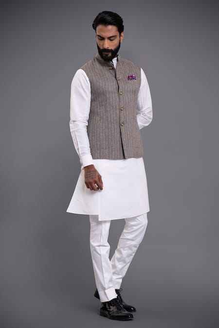 Raghavendra Rathore Jodhpur_Grey Linen Silk Textured Striped Waistcoat_Online_at_Aza_Fashions