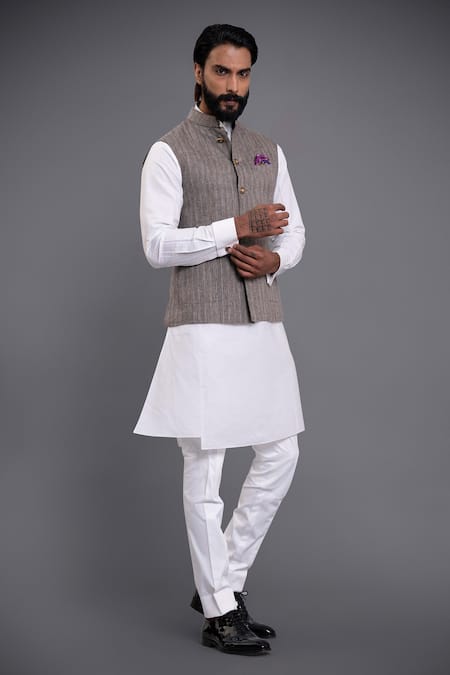 Buy_Raghavendra Rathore Jodhpur_Grey Linen Silk Textured Striped Waistcoat_Online_at_Aza_Fashions