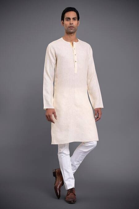 Raghavendra Rathore Jodhpur Cream Cotton Linen Striped Pattern Round Neck Kurta 