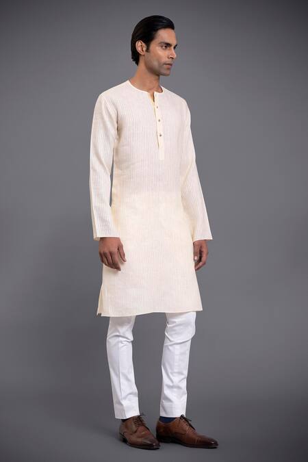 Raghavendra Rathore Jodhpur_Cream Cotton Linen Round Neck Kurta_Online_at_Aza_Fashions