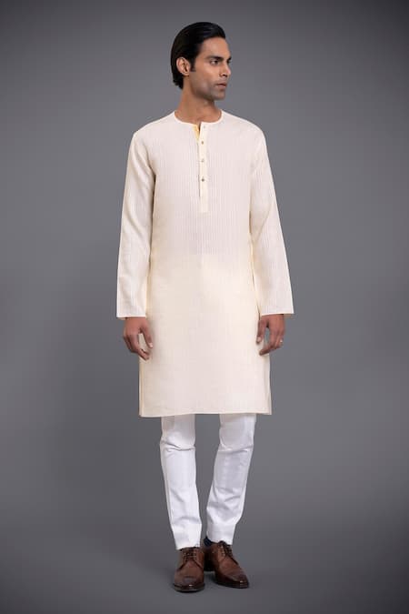 Buy_Raghavendra Rathore Jodhpur_Cream Cotton Linen Round Neck Kurta_Online_at_Aza_Fashions
