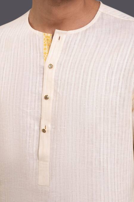 Shop_Raghavendra Rathore Jodhpur_Cream Cotton Linen Round Neck Kurta_Online_at_Aza_Fashions