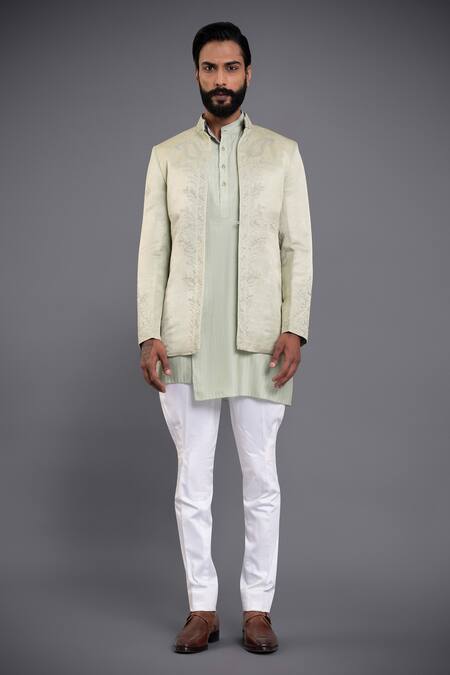 Raghavendra Rathore Jodhpur_Green Linen Silk Floral, Paisley Embroidered Bandhgala_Online_at_Aza_Fashions