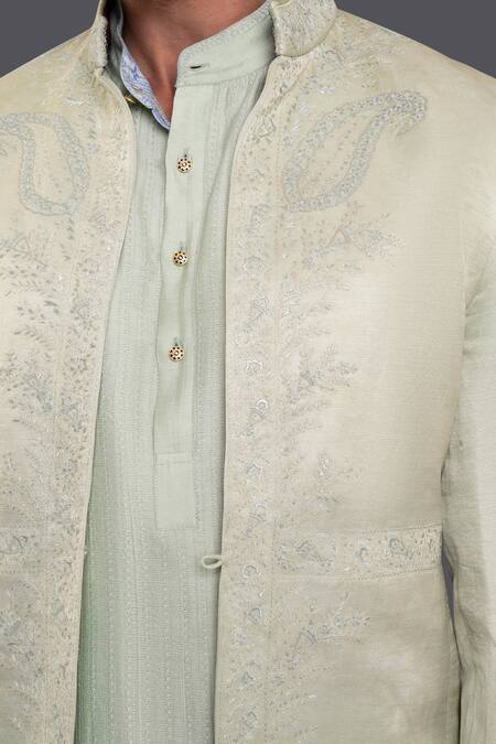 Buy_Raghavendra Rathore Jodhpur_Green Linen Silk Floral, Paisley Embroidered Bandhgala_Online_at_Aza_Fashions