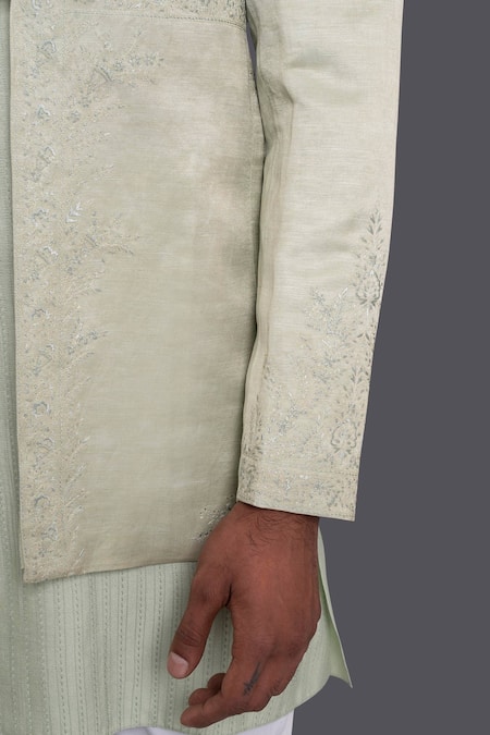 Shop_Raghavendra Rathore Jodhpur_Green Linen Silk Floral, Paisley Embroidered Bandhgala_Online_at_Aza_Fashions