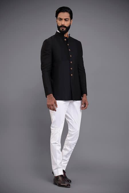 Raghavendra Rathore Jodhpur_Black Silk Plain Pintuck Bandhgala_Online_at_Aza_Fashions