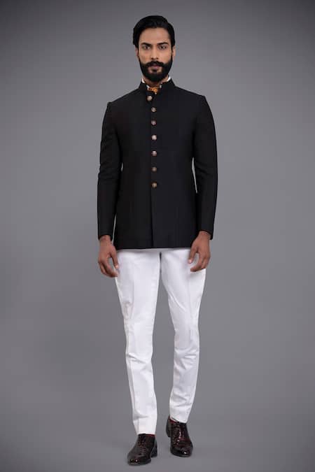 Buy_Raghavendra Rathore Jodhpur_Black Silk Plain Pintuck Bandhgala_Online_at_Aza_Fashions