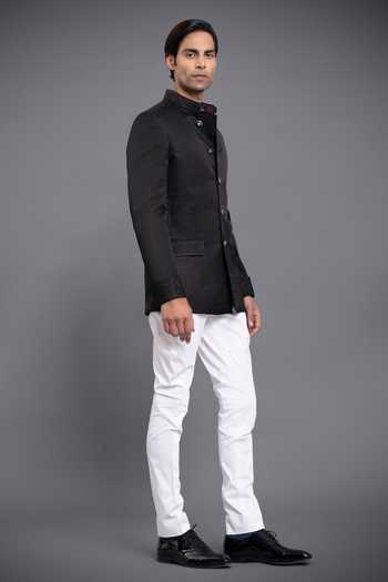 Raghavendra Rathore Jodhpur_Black Linen Silk Bandhgala _Online_at_Aza_Fashions