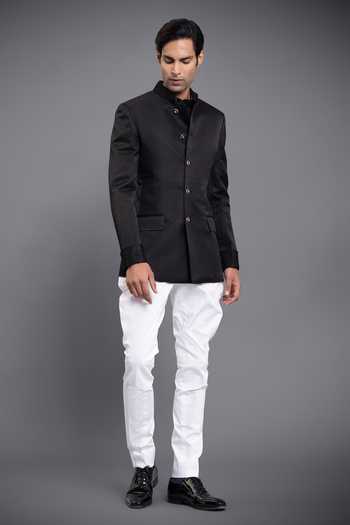Buy_Raghavendra Rathore Jodhpur_Black Linen Silk Bandhgala _Online_at_Aza_Fashions
