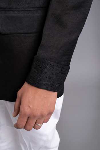 Shop_Raghavendra Rathore Jodhpur_Black Linen Silk Bandhgala _Online_at_Aza_Fashions