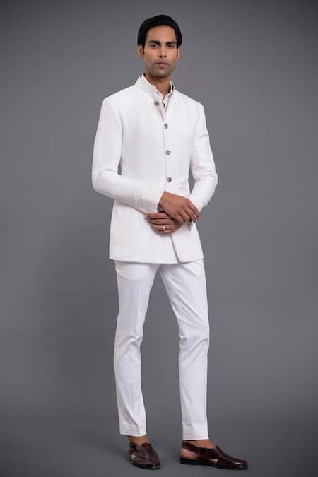 Raghavendra Rathore Jodhpur_White Cotton Linen Na Panelled Bandhgala _Online_at_Aza_Fashions
