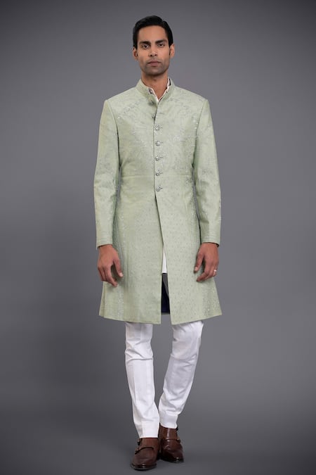 Raghavendra Rathore Jodhpur Green Silk Embroidery Floral Achkan 