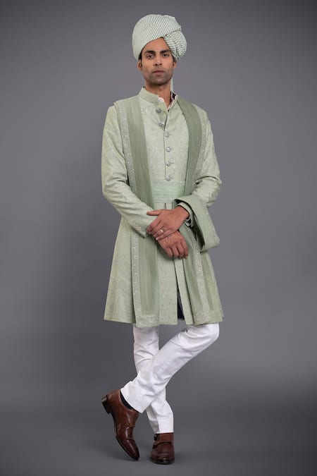 Raghavendra Rathore Jodhpur_Green Silk Floral Embroidered Achkan_Online_at_Aza_Fashions