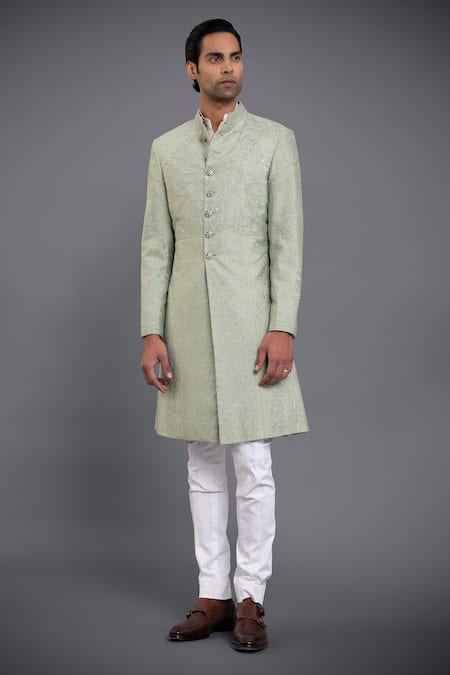 Buy_Raghavendra Rathore Jodhpur_Green Silk Floral Embroidered Achkan_Online_at_Aza_Fashions