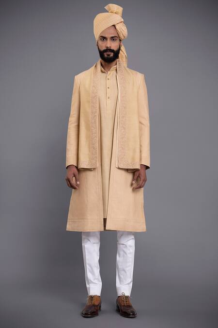 Buy Raghavendra Rathore Jodhpur Gold Achkan - Silk, Inner Kurta, Stole - Tussar Front Open With Online at Aza Fashions Buy_Raghavendra Rathore Jodhpur_Gold Achkan - Silk, Inner Kurta, Stole - Tussar Front Open With _Online_at_Aza_Fashions
