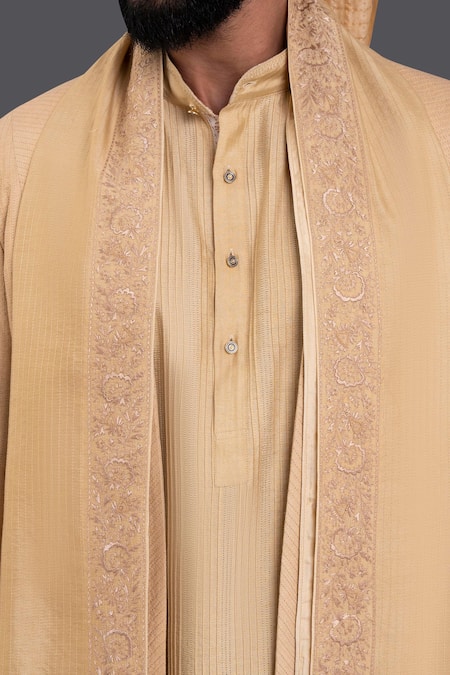 Raghavendra Rathore Jodhpur Gold Achkan - Silk, Inner Kurta, Stole - Tussar Front Open With at Aza Fashions Raghavendra Rathore Jodhpur_Gold Achkan - Silk, Inner Kurta, Stole - Tussar Front Open With _at_Aza_Fashions