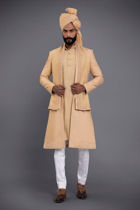 Raghavendra Rathore Jodhpur Gold Inner Kurta - Silk Textured Pattern Embroidered Achkan And Set 