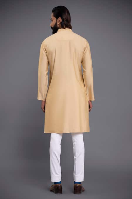 Shop Raghavendra Rathore Jodhpur Gold Silk Plain Pintuck Kurta at Aza Fashions Shop_Raghavendra Rathore Jodhpur_Gold Silk Plain Pintuck Kurta_at_Aza_Fashions