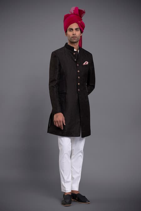 Raghavendra Rathore Jodhpur_Black Linen Silk Floral Embroidered Achkan_Online_at_Aza_Fashions