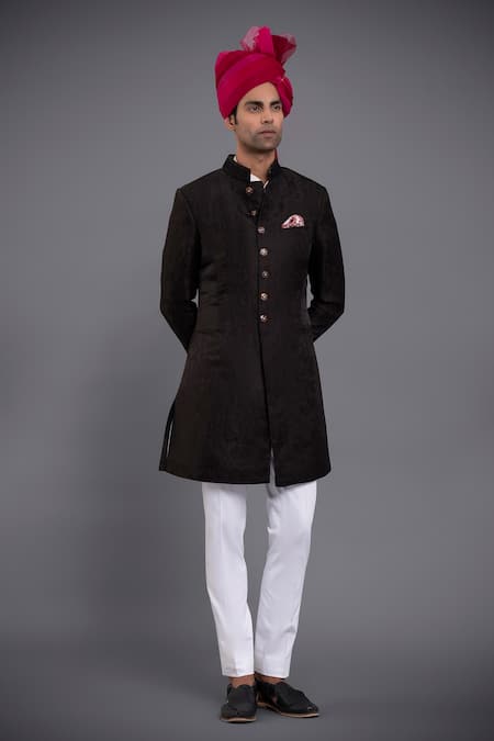 Buy_Raghavendra Rathore Jodhpur_Black Linen Silk Floral Embroidered Achkan_Online_at_Aza_Fashions