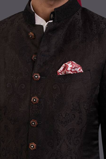 Shop_Raghavendra Rathore Jodhpur_Black Linen Silk Floral Embroidered Achkan_Online_at_Aza_Fashions