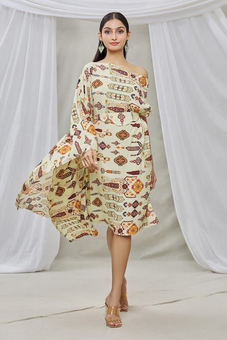 Ankur J Multi Color Cotton Silk Bead Work, Sequins One Shoulder Draped Kaftan 