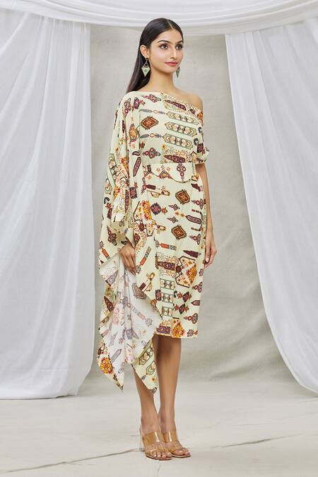 Ankur J_Multi Color Cotton Silk Bead Work, Sequins One Shoulder Draped Kaftan _Online_at_Aza_Fashions