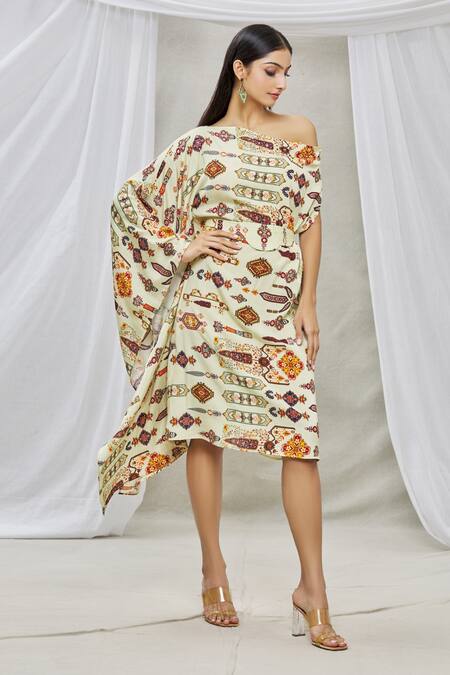 Buy_Ankur J_Multi Color Cotton Silk Bead Work, Sequins One Shoulder Draped Kaftan _Online_at_Aza_Fashions