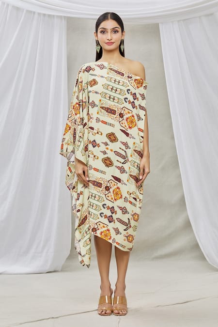 Shop_Ankur J_Multi Color Cotton Silk Bead Work, Sequins One Shoulder Draped Kaftan _Online_at_Aza_Fashions