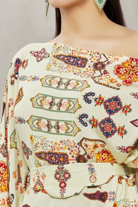 Ankur J_Multi Color Cotton Silk Bead Work, Sequins One Shoulder Draped Kaftan _at_Aza_Fashions