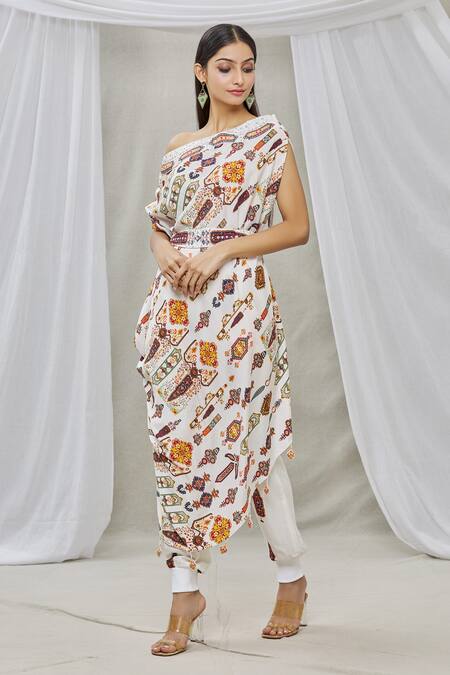 Ankur J_Multi Color Cotton Silk Bead Work, Sequins One Shoulder Cowl Draped Kaftan_Online_at_Aza_Fashions