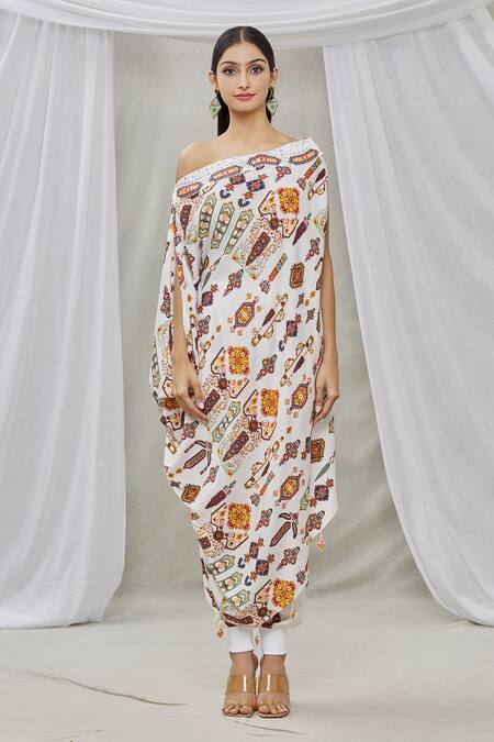 Buy_Ankur J_Multi Color Cotton Silk Bead Work, Sequins One Shoulder Cowl Draped Kaftan_Online_at_Aza_Fashions