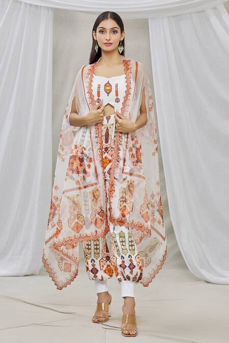 Ankur J Multi Color Cape Organza Jumpsuit Cotton Silk Cut-out With Asymmetric Online at Aza Fashions Ankur J_Multi Color Cape Organza Jumpsuit Cotton Silk Cut-out With Asymmetric _Online_at_Aza_Fashions