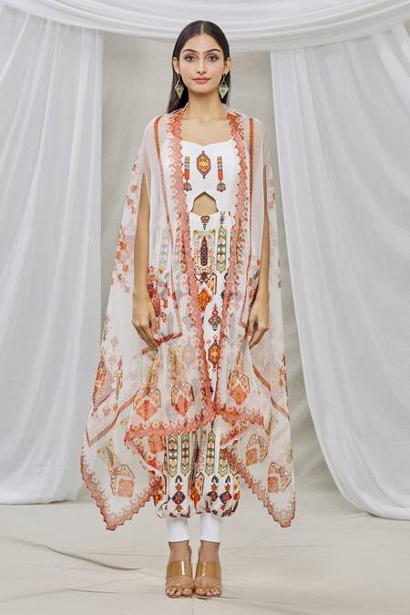 Shop Ankur J Multi Color Cape Organza Jumpsuit Cotton Silk Cut-out With Asymmetric Online at Aza Fashions Shop_Ankur J_Multi Color Cape Organza Jumpsuit Cotton Silk Cut-out With Asymmetric _Online_at_Aza_Fashions