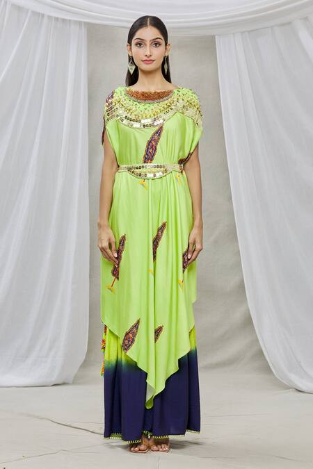 Ankur J Green Cotton Silk Bead Work, Sequins Boat Neck Embroidered Cape And Gharara Set Online at Aza Fashions Ankur J_Green Cotton Silk Bead Work, Sequins Boat Neck Embroidered Cape And Gharara Set _Online_at_Aza_Fashions