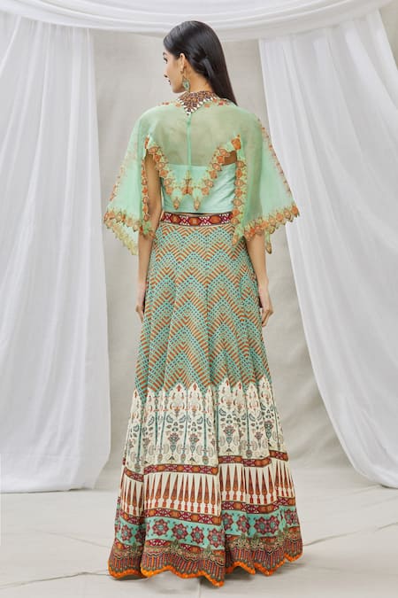 Shop Ankur J Green Lehenga Cotton Silk Cape Organza Bead Work, Mag Print With Embroidered at Aza Fashions Shop_Ankur J_Green Lehenga Cotton Silk Cape Organza Bead Work, Mag Print With Embroidered _at_Aza_Fashions