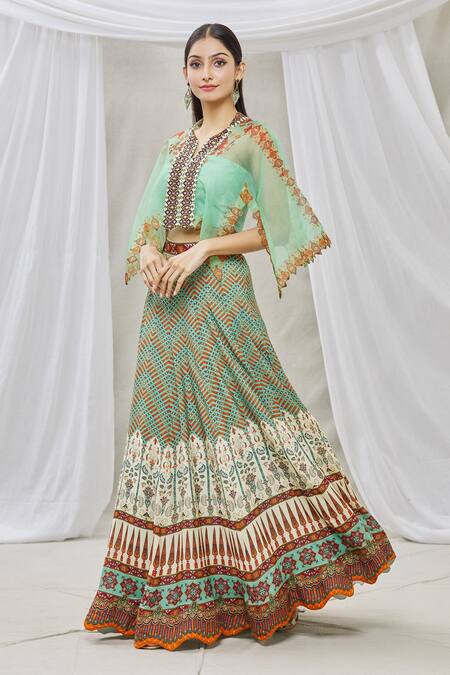 Ankur J Green Lehenga Cotton Silk Cape Organza Bead Work, Mag Print With Embroidered Online at Aza Fashions Ankur J_Green Lehenga Cotton Silk Cape Organza Bead Work, Mag Print With Embroidered _Online_at_Aza_Fashions
