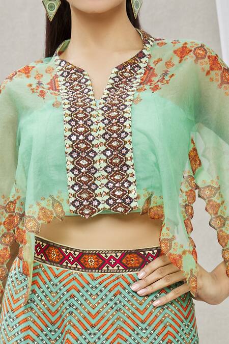 Ankur J Green Lehenga Cotton Silk Cape Organza Bead Work, Mag Print With Embroidered at Aza Fashions Ankur J_Green Lehenga Cotton Silk Cape Organza Bead Work, Mag Print With Embroidered _at_Aza_Fashions