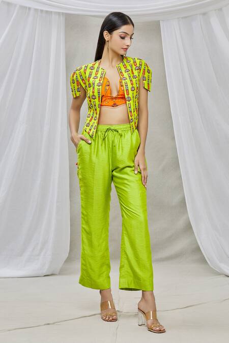 Ankur J Green Cotton Silk Bead Work, Sequins Jacketround Printed Jacket And Pant Set Online at Aza Fashions Ankur J_Green Cotton Silk Bead Work, Sequins Jacketround Printed Jacket And Pant Set _Online_at_Aza_Fashions