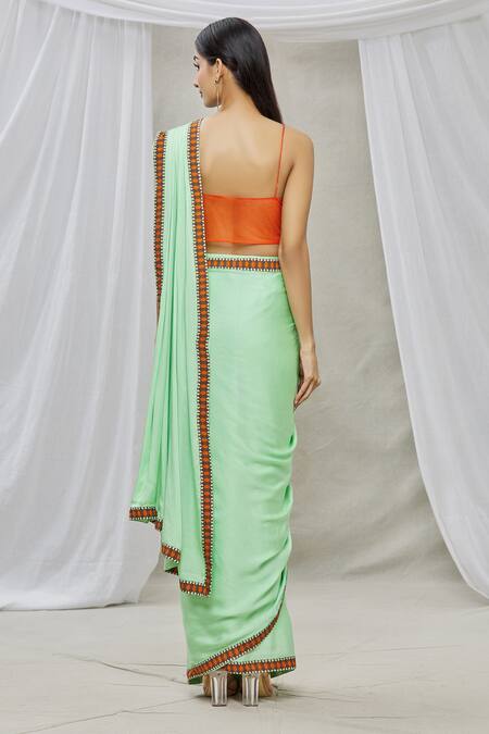 Buy_Ankur J_Blue Saree Modal Satin Blouse Cotton Silk Pre-draped And Jacket Set_Online_at_Aza_Fashions